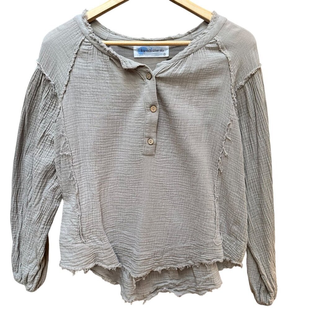 Big Water Blue Sky Top Textured Distressed Cotton‎ 1/4 Button-Up Long Sleeve SM